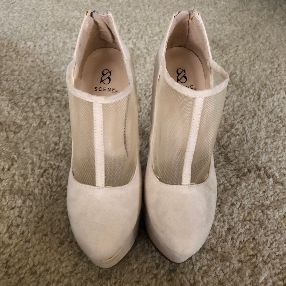 Nude suede platform heels